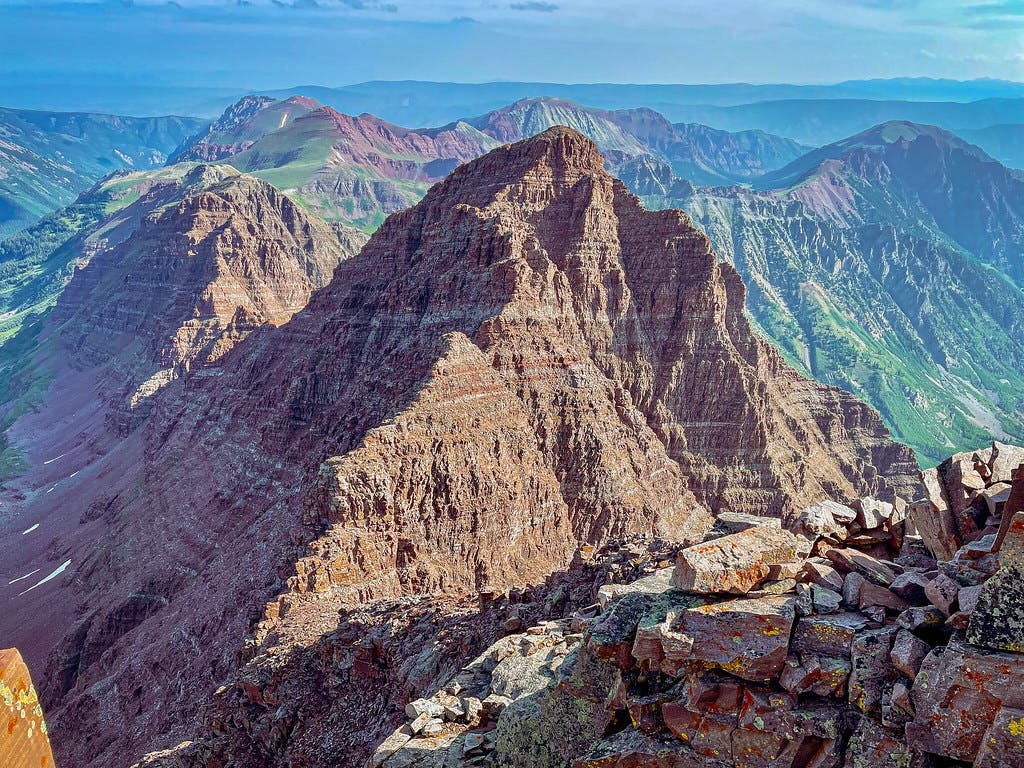 On top of Maroon Peak, looking at North Maroon and the traverse route.